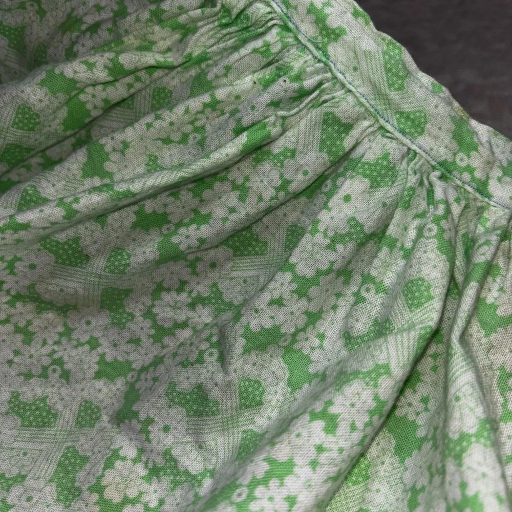 Vintage Green White Floral Calico Half Apron Cottagecore Retro Gathered Waist‎